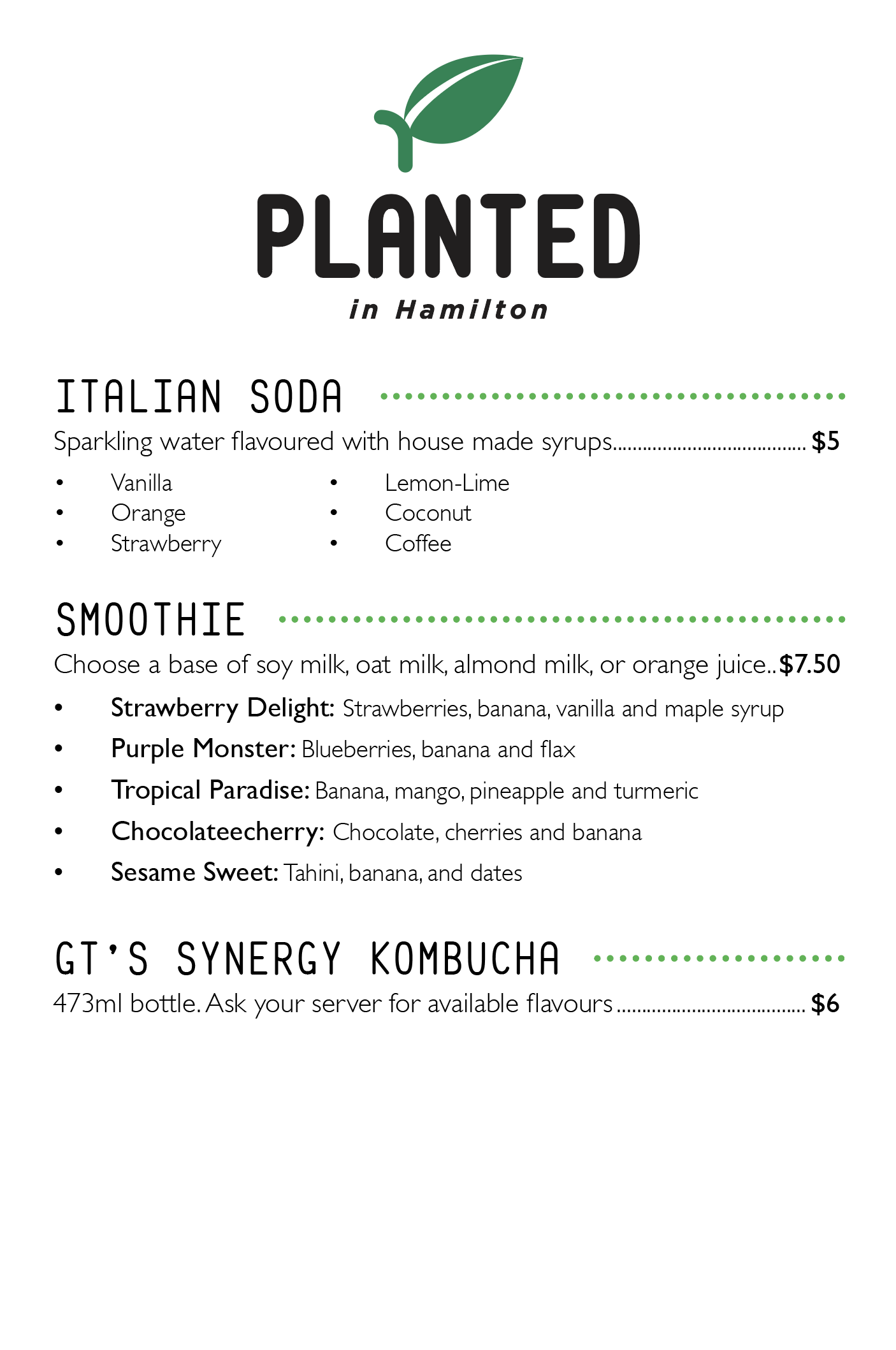 Planted drink menu