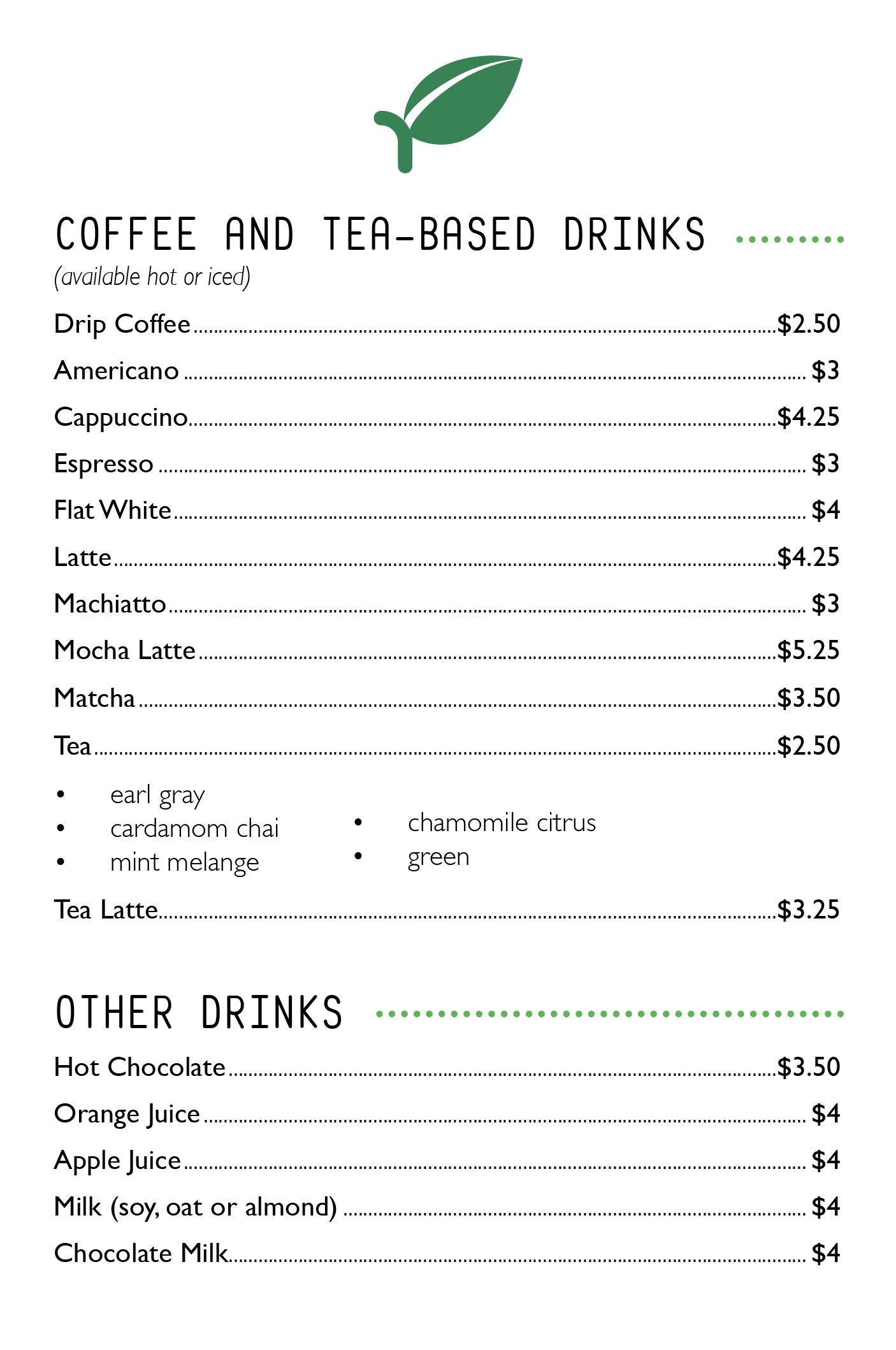 Planted Drink Menu